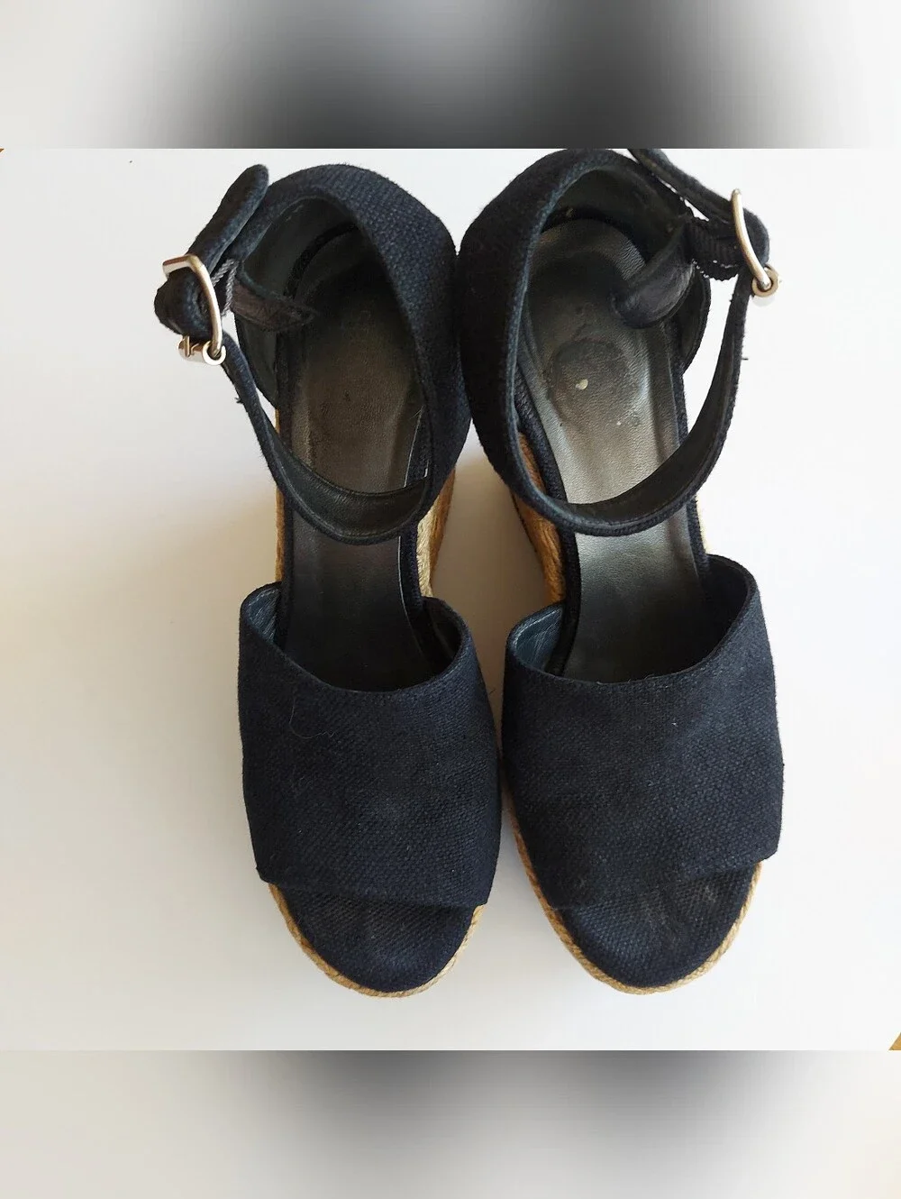 Stuart Weitzman Black Wedge Espadrille Sandals with Ankle Buckle size 6.5